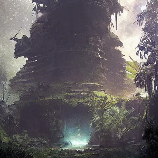 Image similar to An intact ancient alien ship, discovered half-buried in the jungles of Papua New Guinea, detailed fantasy art by Greg Rutkowski