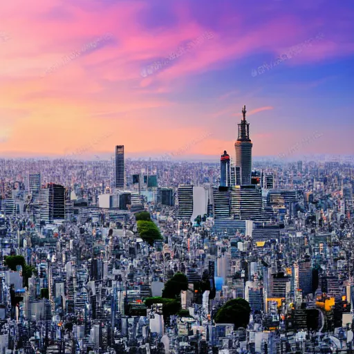 Prompt: landscape of Tokyo with a tower at sunset