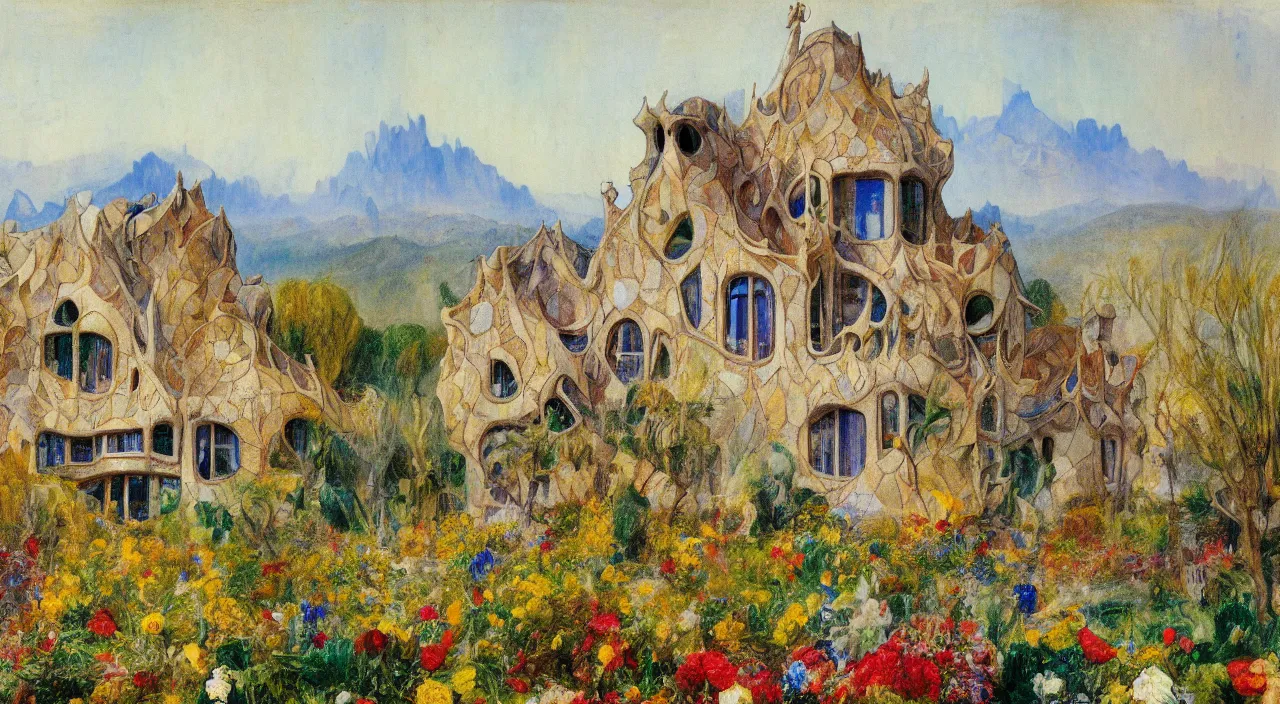 Image similar to a house designed by Antoni Gaudí, with flower fields as foreground, with mountains as background, by J. M. W. Turner