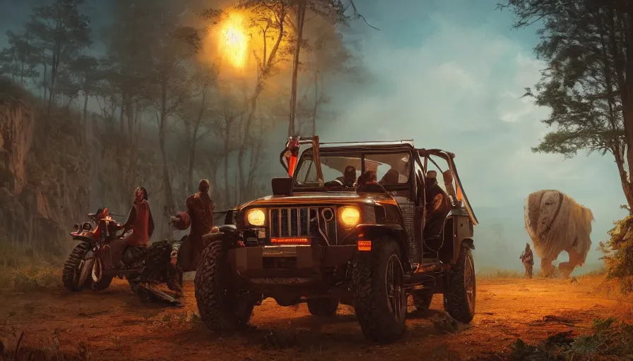 Image similar to Mahindra thar, tribe members watching nearby, an epic fantasy, dramatic lighting, cinematic, establishing shot, extremely high detail, photorealistic, shot on red camera, cinematic lighting, artstation, by simon stalenhag, shadow of the tomb rider