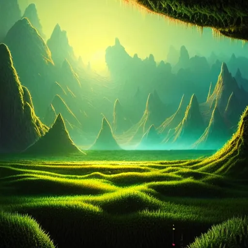 Prompt: A beautiful hyper realistic detailed matte painting of a microscopic world of algae with ridges similar to mountains with billions of glowing micro trees emitting a read and teal color by John Howe and Albert Bierstadt and Alena Aenami and dan mumford and dave noton, unreal engine, trending on behance