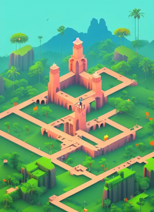 Image similar to a low poly isometric render of a kerala village in the style of monument valley, floral! intricate, elegant, highly detailed, artstation, smooth, sharp focus, illustration, art by artgerm and greg rutkowski, 8 k