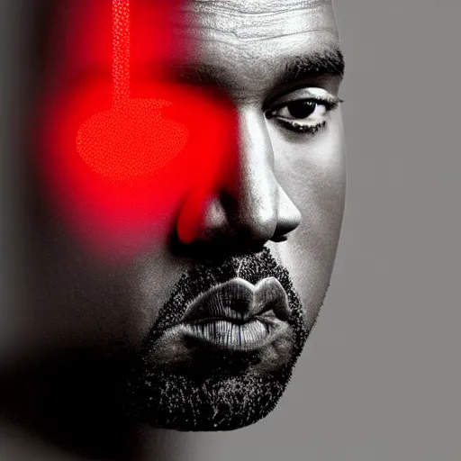 Image similar to kanye west, glowing red eyes, half of face is exoskeleton, 4k, digital art