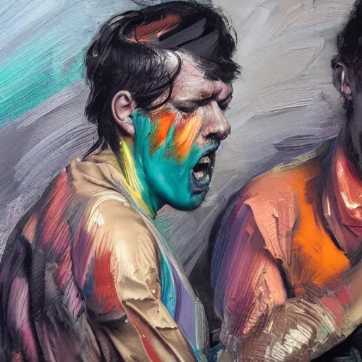 Image similar to high quality high detail painting of two men in agony on the streets of london by lucian freud and jenny saville and francis bacon and malcom liepke and nicola samori, hd, anxiety, two men crying and screaming, turquoise and purple and orange and pink, dark atmosphere