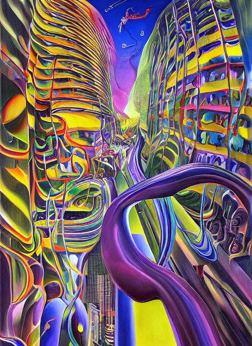 Image similar to an extremely high quality hd surrealism painting of a 3d galactic neon complimentary-colored cartoon surrealism melting optically illusiony high-contrast zaha hadid city street by kandsky and salvia dali the second, salvador dali's much much much much more talented painter cousin, clear shapes, 8k, realistic shading, ultra realistic, super realistic