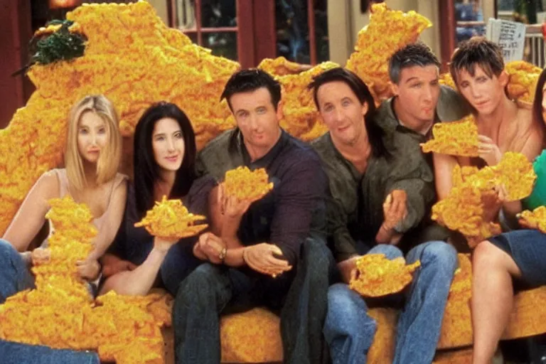 Image similar to the episode of Friends where everyone gets covered in nacho cheese