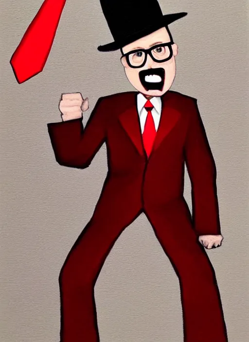 Prompt: painting of nostalgia critic wearing glasses with a goatee and a hat, iconic red tie and suit jacket, screaming, angry, long tall face with pointed teeth, red round cheeks, jon hale!!