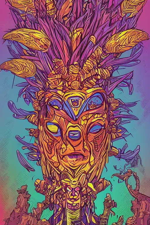 Image similar to totem animal mask tribal feather gemstone plant wood rock shaman vodoo video game vector illustration vivid multicolor borderlands comics by josan gonzales and dan mumford radiating a glowing aura