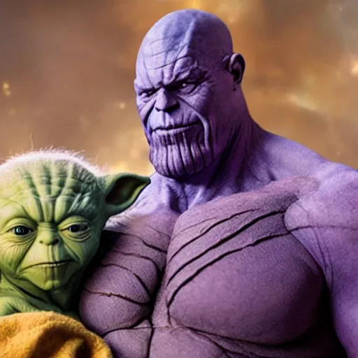 Image similar to photo of thanos sleeping in bed next to yoda