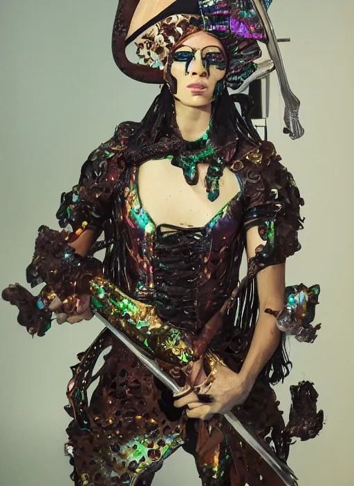 Image similar to a woman with iridescent skin, pirate weapons, by van herpen, iris