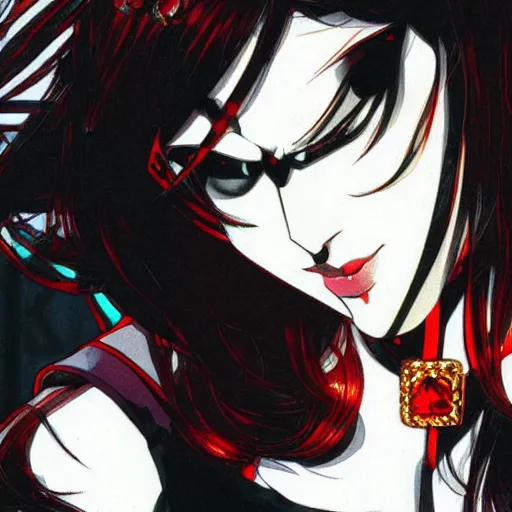 Image similar to beautiful pale - skinned goth girl with a red diamond on her forehead, yoji shinkawa