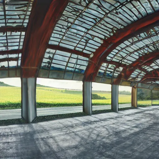 Image similar to interior view of modern futuristic farm barn architecture, cows, detailed luminescent oil painting 4 k