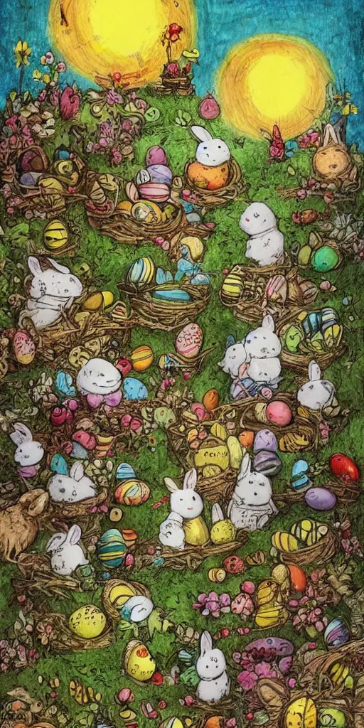 Image similar to an easter scene with eggs and bunnies by alexander jansson and where's waldo in easter colors