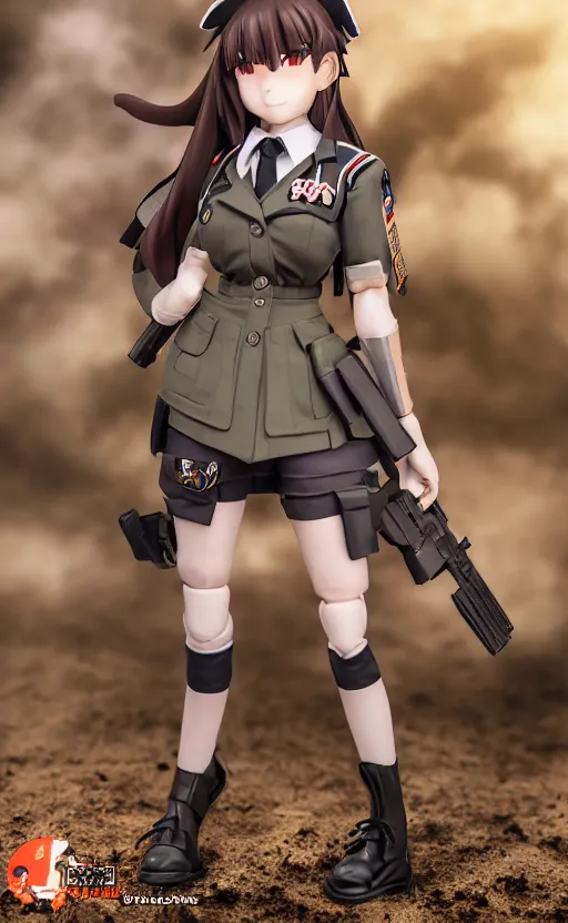 Image similar to toy photo, school uniform, portrait of the action figure of a girl, anime character anatomy, girls frontline universe, collection product, dirt and smoke background, flight squadron insignia, realistic military gear, 70mm lens, round elements, photo taken by professional photographer, trending on instagram, symbology, 4k resolution, low saturation, empty hands, realistic military carrier, 3d printed, miniature colors