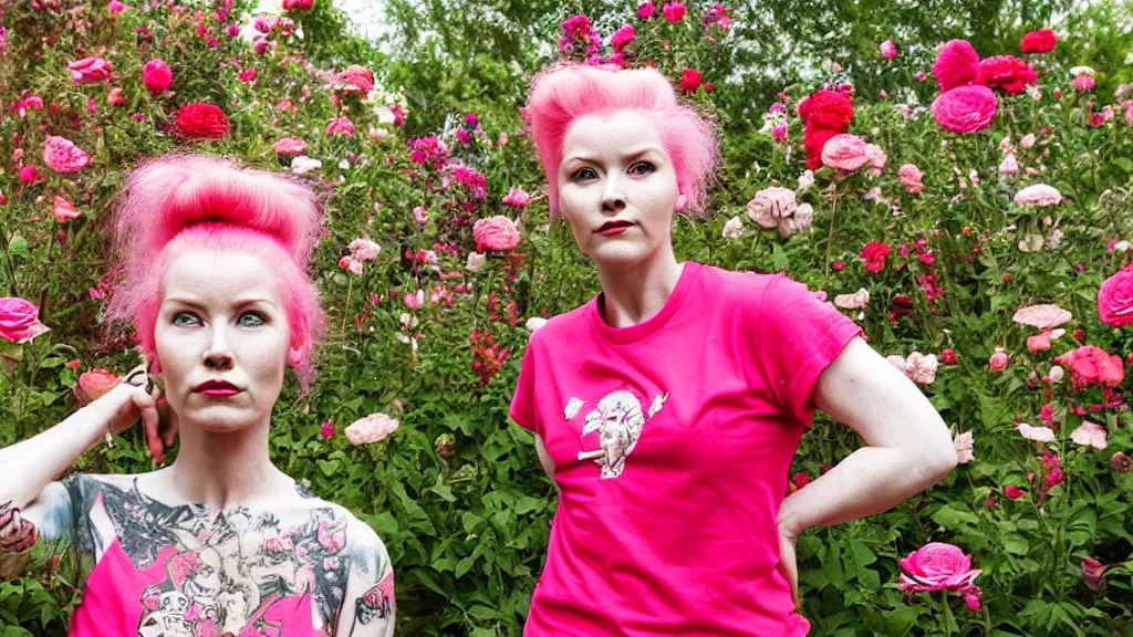 Image similar to portrait of a woman with pink hair buns, wearing a red t-shirt by Vivienne Westwood, standing in a garden full of flowers, intricate details, high detail, in a renaissance style, super-flat, punk