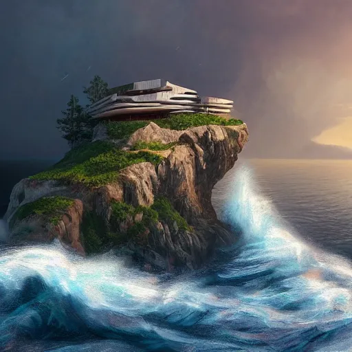 Image similar to a cozy cabin on top of a cliff, view of the ocean, huge waves beneath, dramatic lighting, artstation, matte painting, raphael lacoste, simon stalenhag, frank lloyd wright, zaha hadid, drone view