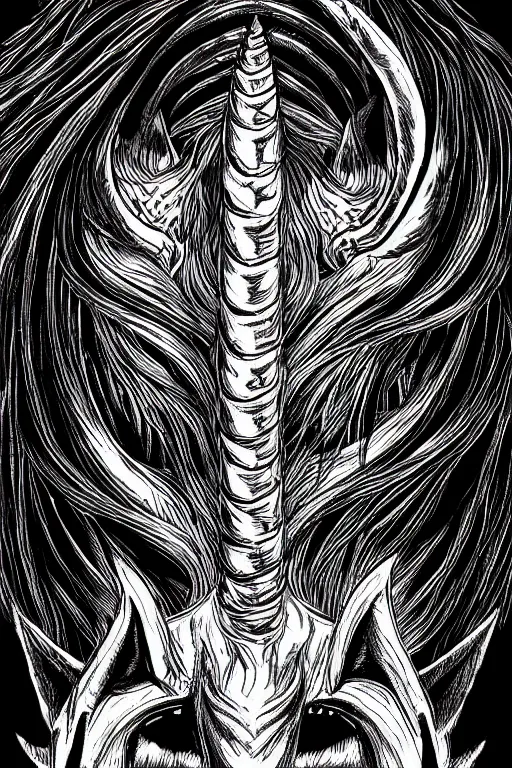 Image similar to evil unicorn, symmetrical, highly detailed, digital art, sharp focus, trending on art station, kentaro miura manga art style