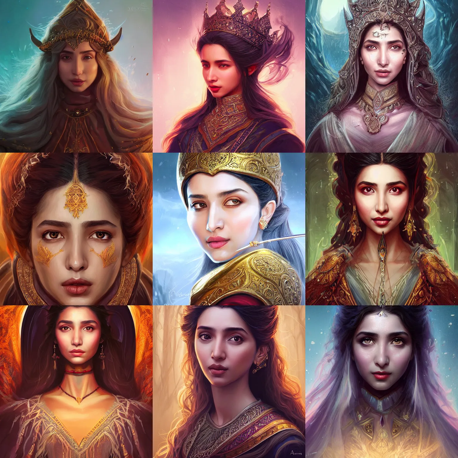 Prompt: head-on centered painted portrait, Mahira Khan as a D&D wizard, intricate fantasy robes, fantasy, intricate, elegant, highly detailed, digital painting, smooth, sharp focus, illustration, artstation, in the style of Artgerm and Anna Podedworna and Alex Ross