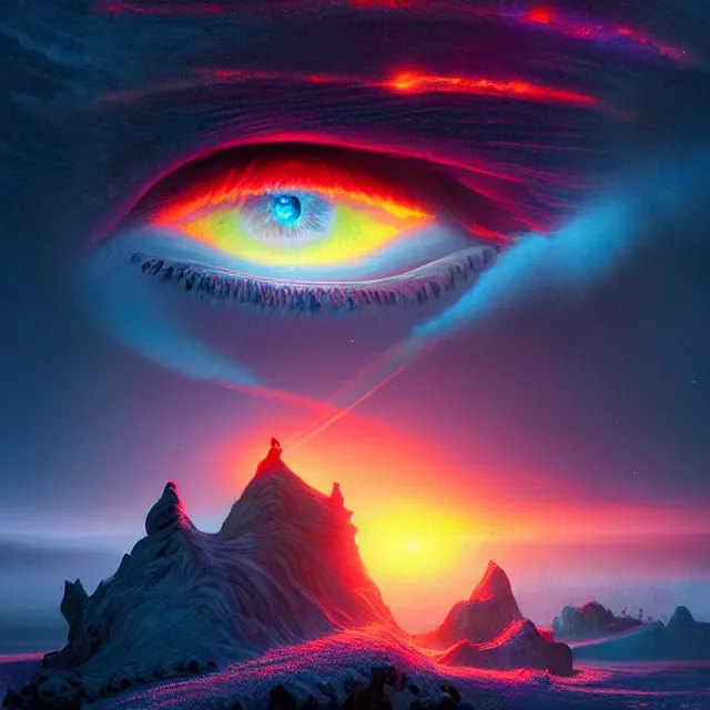 Image similar to fantasy aerial iceland landscape in the form of the human eye!!!!!, volumetric lighting, colorful, sharp and focus, ultra detailed, beautifully lit landscape, astrophotography, in the art style of dan mumford, ivan aivazovsky and marc simonetti