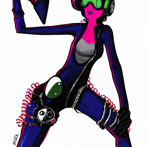 Prompt: cybergoth girl wearing goggles and eccentric jewelry by jamie hewlett, jamie hewlett art, full body character concept art, - h 7 6 8