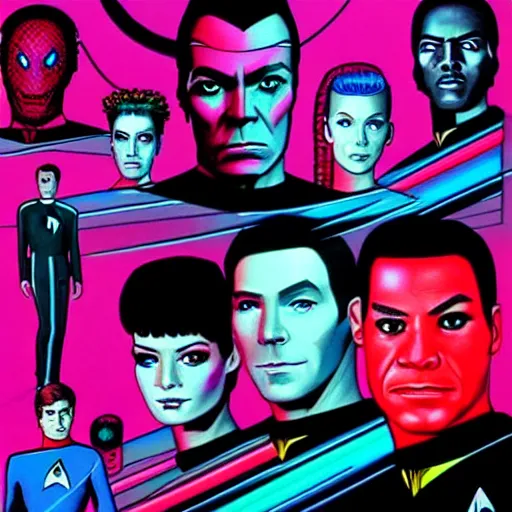 Image similar to Star Trek the next generation crew portrait, cyberpunk, synthwave, highly detailed