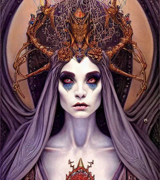 Prompt: symmetrical painting, a beautiful female witch queen in dress, pretty, detailed and intricate, perfect face, elegant, ornate, luxury, elite, matte painting, by artgrem, by james jean, by brian froud, by wayne barlowe