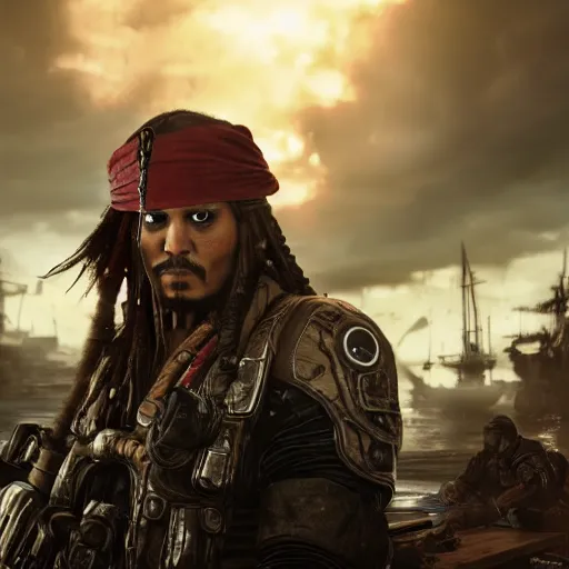 Image similar to captain jack sparrow in gears of war, gears of war, gears of war, splash art, movie still, cinematic lighting, dramatic, octane render, detailed face, long lens, shallow depth of field, bokeh, anamorphic lens flare, 8 k, hyper detailed, 3 5 mm film grain