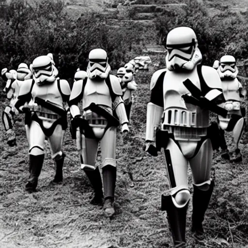 Prompt: star wars clone troopers offer aid to soldiers in vietnam, photo, old picture, lush landscape, field, firearms, war, bombs, explosions, x - wings, tie fighters, aerial combat, active battle zone, in trenches, star wars droid battle, jedi master, land mines, gunfire, grenades, violence