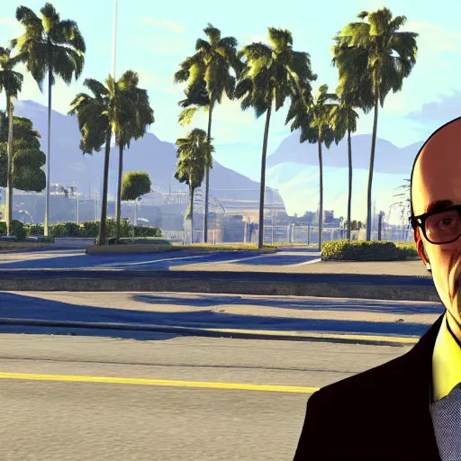 Image similar to Michael Ehrmantraut from Better call Saul in GTA V . Los Santos in the background, palm trees. In the art style of Stephen Bliss.