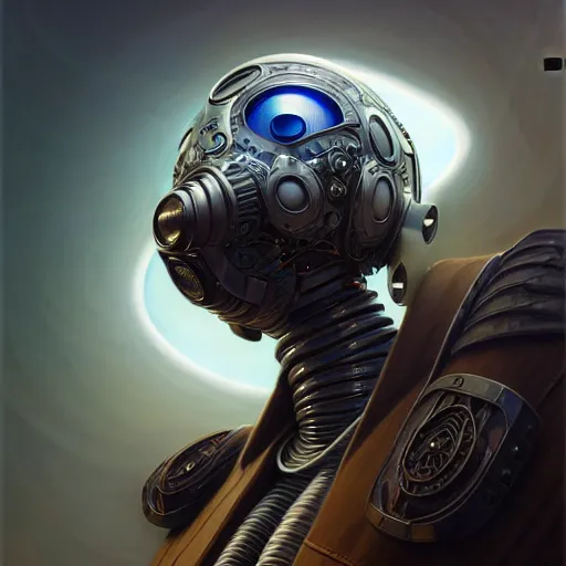 Image similar to low angle portrait shot of a cyberpunk gazmask robot character, intricate, elegant, highly detailed, centered, digital painting, artstation, concept art, smooth, sharp focus, illustration, artgerm, Tomasz Alen Kopera, Peter Mohrbacher, donato giancola, Joseph Christian Leyendecker, WLOP, Boris Vallejo