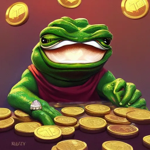 Image similar to super rich happy pepe, coins, gold, crystals, greg rutkowski