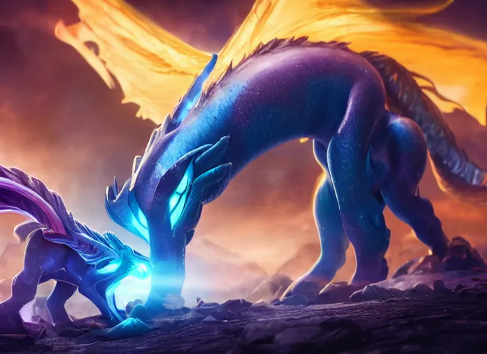 Prompt: aurelion sol and deathwing face to face, ultra realistic 4 k unreal engine very cinematic render with ray tracing bloom ambient occlusion strong reflections depth of field fog