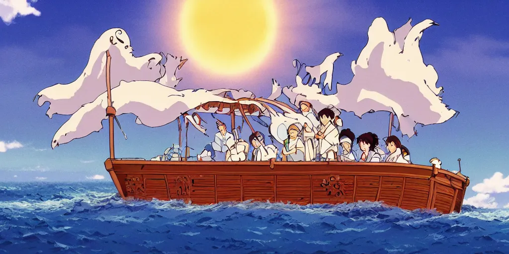 Prompt: Studio Ghibli image of a cute sea monster on a boat wholesome animation sharp Bloom dramatic lightning very sunny