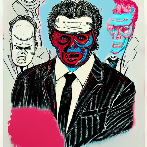 Image similar to robb wells in a suit and tie with a creepy face, a screenprint by warhol, reddit contest winner, antipodeans, hellish, anaglyph filter, hellish background