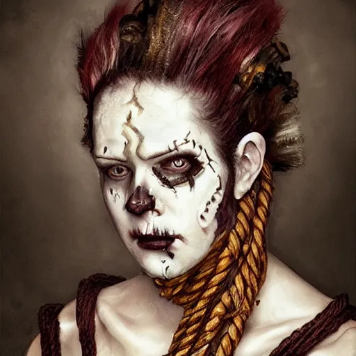 Image similar to portrait of a Shibari rope wrapped face and neck, headshot, insanely nice professional hair style, dramatic hair color, face paint half and half, digital painting, of a old 15th century, old cyborg merchant, amber jewels, baroque, ornate clothing, scifi, realistic, hyperdetailed, chiaroscuro, concept art, art by Franz Hals and Jon Foster and Ayami Kojima and Amano and Karol Bak,