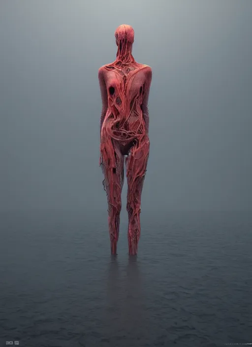 Prompt: melting woman inspired by zdzislaw beksinski, infinite lake, clothes made out of veins, rgb, cables everywhere, bedroom, ultra realistic, concept art, intricate details, highly detailed, photorealistic, octane render, 8 k