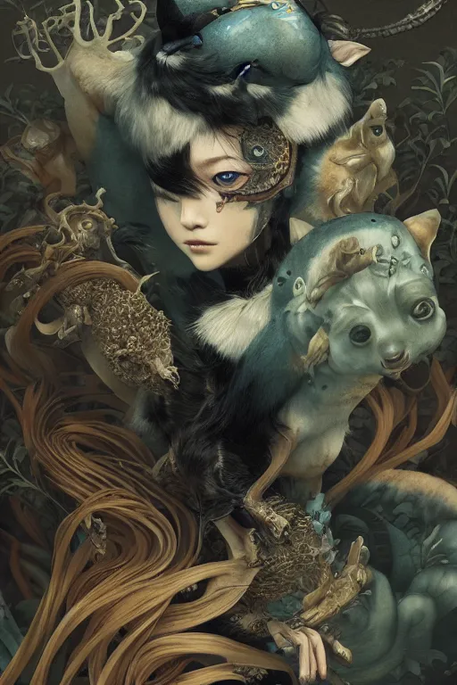 Prompt: a cover of japanese art magazine about animal creatures by illustrated by miyazaki by karol bak, james jean, tom bagshaw, rococo, sharp focus, trending on artstation, cinematic lighting, hyper realism, octane render, 8 k, hyper detailed, vivid, ultra detailed, highly detailed