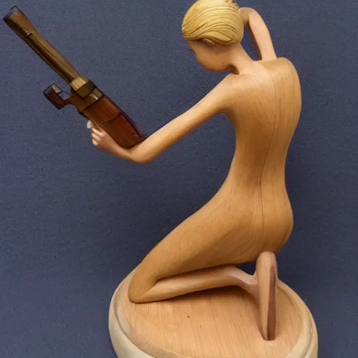 Prompt: wooden sculpture of a thin blonde lady holding a gun, polished maple, thoughtful, elegant, real