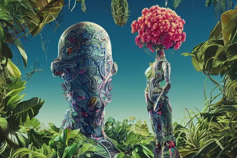 Image similar to gigantic robot head, a lot of exotic vegetation, trees, flowers by moebius, junji ito, tristan eaton, victo ngai, artgerm, rhads, ross draws, hyperrealism, intricate detailed