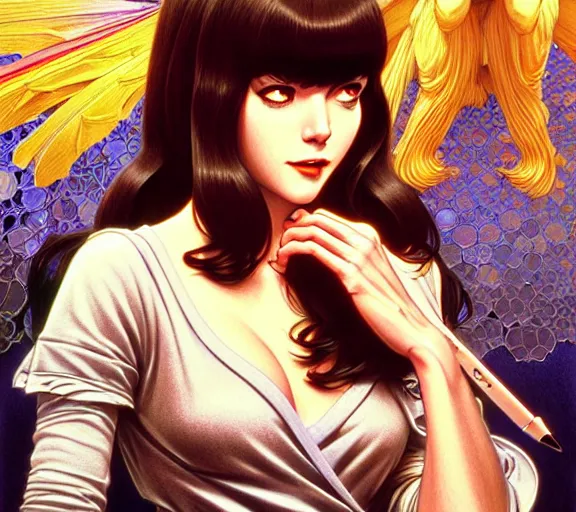 Image similar to ' pulp fiction ', beautiful shadowing, 3 d shadowing, reflective surfaces, illustrated completely, 8 k beautifully detailed pencil illustration, extremely hyper - detailed pencil illustration, intricate, epic composition, masterpiece, bold complimentary colors. stunning masterfully illustrated by artgerm, range murata, alphonse mucha.