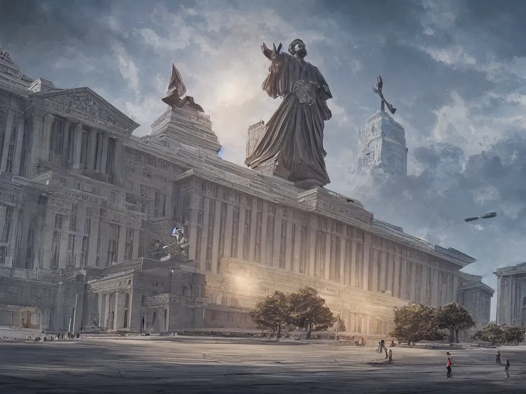 Image similar to architecture concept art by fan wennan. future capitol of the american communist party shining in the sun, communist statue and insignia, hyperdetailed, cinematic, photorealistic, hyperrealism, masterpiece, grounded communist governmental architecture, statue, imposing, strength, abundance, life