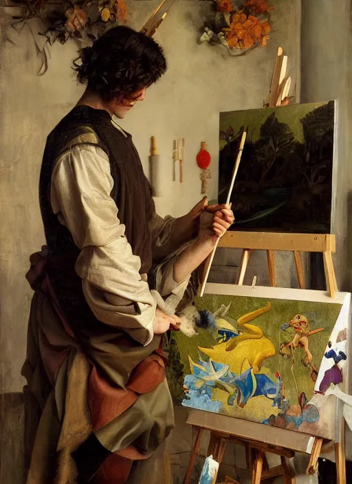 Image similar to a young painter in his studio painting a picture of a colourful pokemon, by edgar maxence and caravaggio and michael whelan and delacroix style, artistic, intricate drawing, cinematic lighting, hyper realistic, extremely detailed, establishing shot, 8 k resolution, dramatic lighting