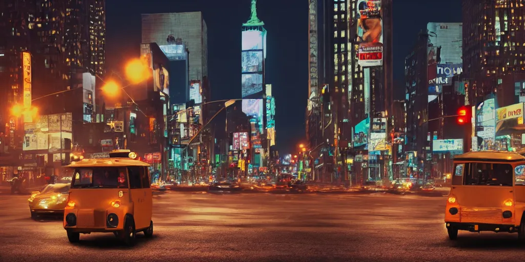 Image similar to a tuk tuk walking through a desolate manhattan city street at night statue of liberty seen in the background realistic 4 k octane beautiful