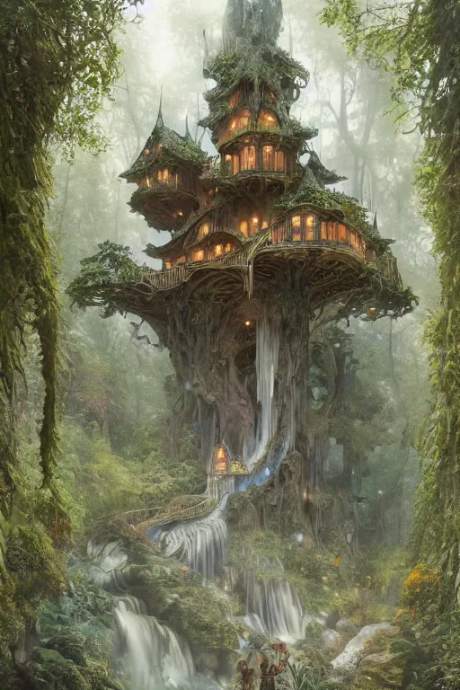 Image similar to a beautiful digital painting of an enormous fairy treehouse, crystal waterfall by greg rutkowski, gerald brom, marc simonetti, jean - baptiste monge, and alphonse mucha, symmetry, complementary colors, ink illustration, trending on artstation