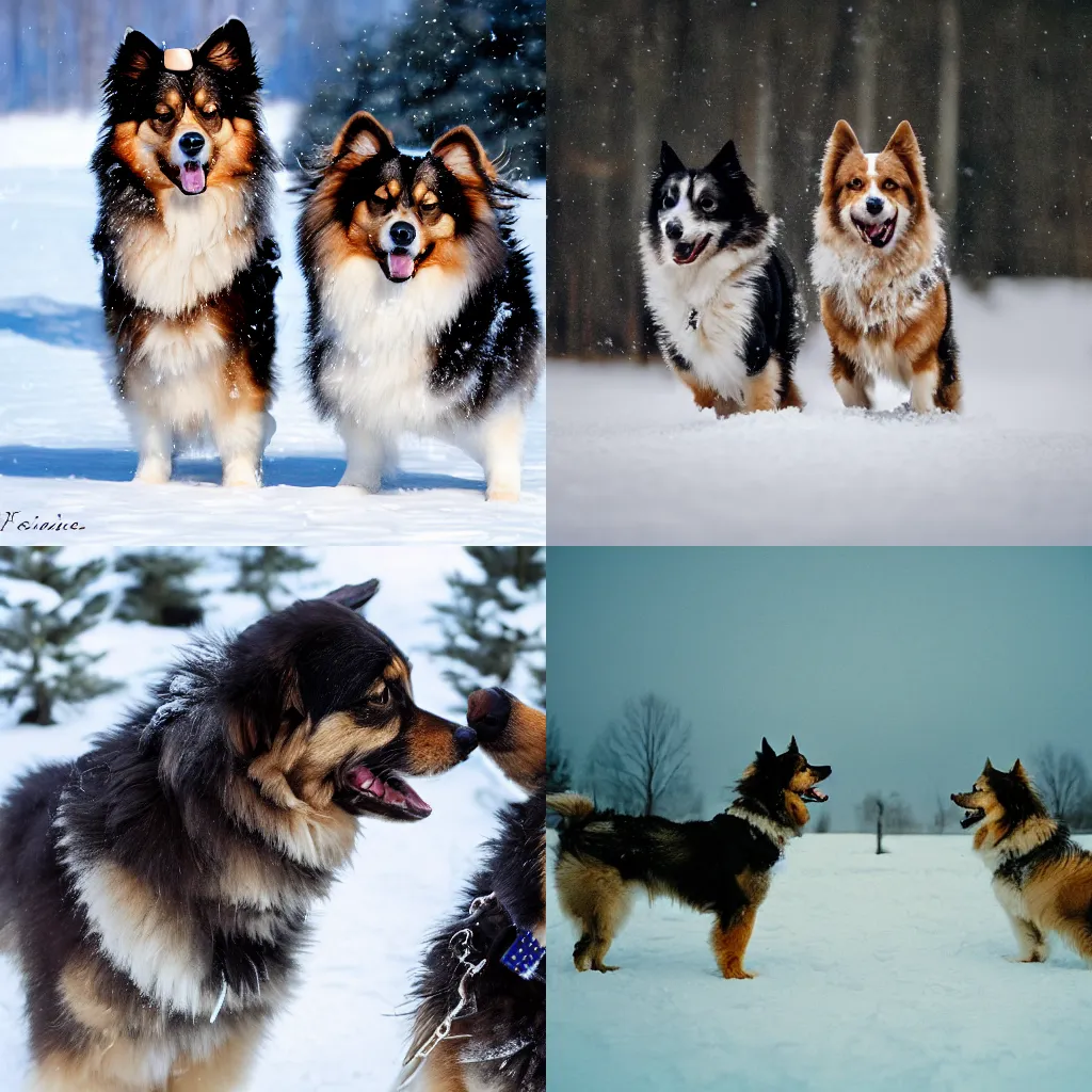 Prompt: two Happy Finnish lapphunds playing in snow, sharp 35mm photograph,