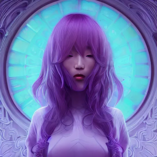Prompt: detailed symmetry!!, ( asian woman who has purple middle - length hair with bangs ), by artgerm and charlie bowater and chris rallis, global illumination, radiant light, god rays, bokeh, digital illustration, cg society, unreal engine 5, ray tracing