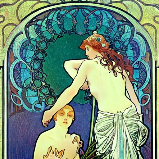 Image similar to narcissus and echo, painted by alphonse mucha