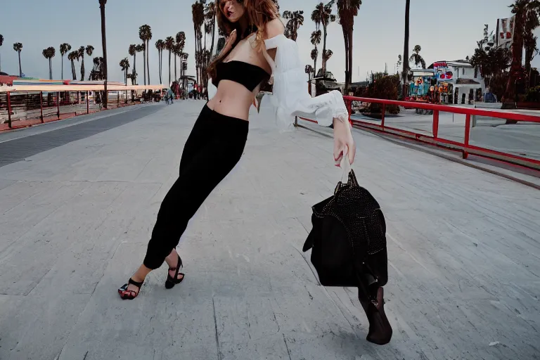 Prompt: color street photography of gorgeous model girl on Santa Monica peer By Emmanuel Lubezki