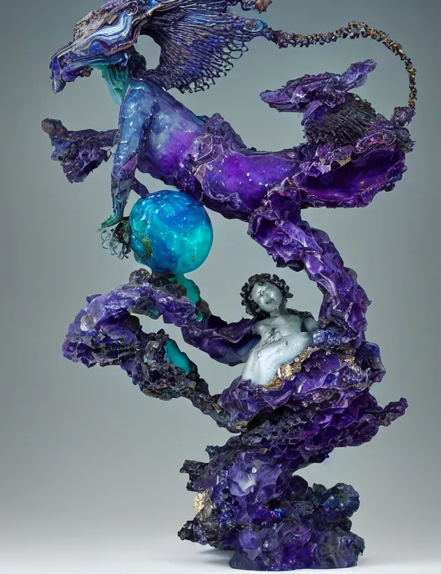 Prompt: a sculpture of a winged child made from blue and emerald and amethyst crystal geode formations with floawing marble water with obsidian base with liquid gold tendrils flowing by ellen jewett by stanisław szukalski, octane render, byzantine, spirals, elestial crystals, geode,