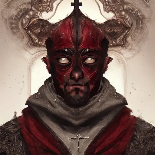 Image similar to portrait of a handsome Catholic priest with red eyes, dark, intricate details, highly detailed, concept art, digital painting, trending on artstation, award-winning. Art by Loran DeSore and Merwild